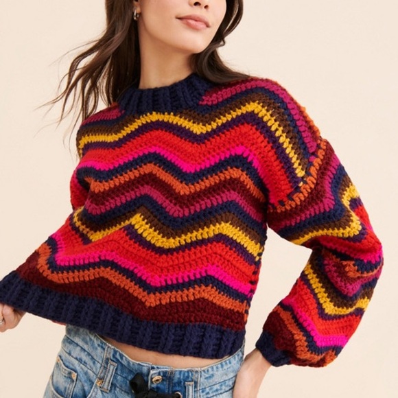 Farm Rio Colorful Waves Rainbow Handmade Crochet Balloon Sleeve Sweater Small - Picture 1 of 10